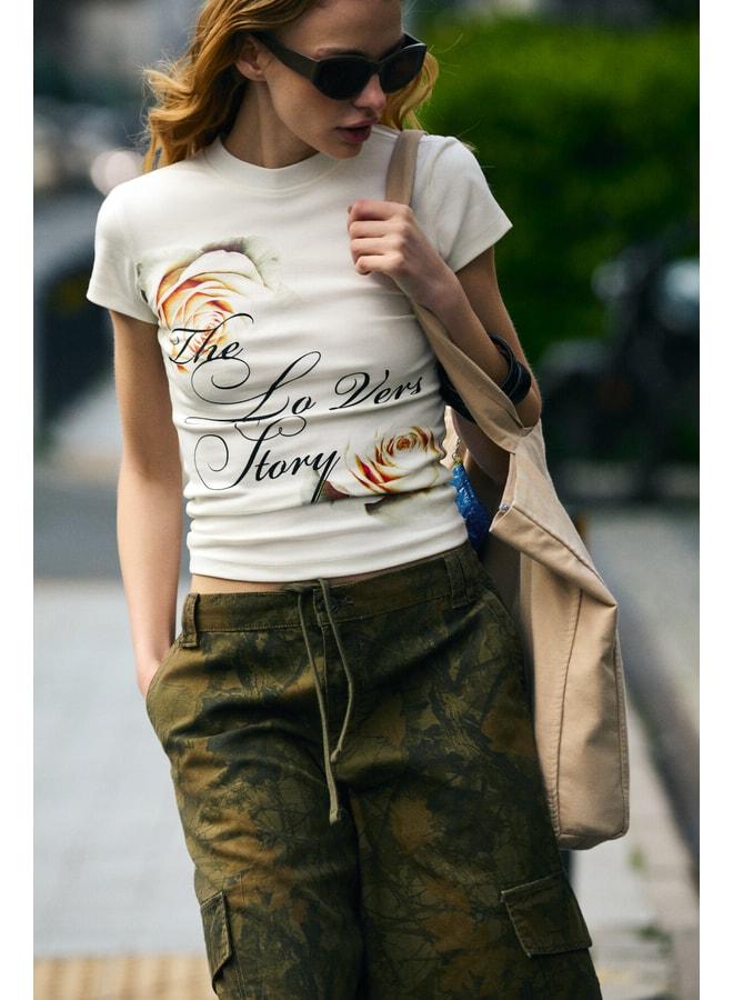 GRIMELANGE EFILIUM Women's Soft and Flexible Fabric Organic Cotton Print Detailed Beige T-Shirt. - Image 1