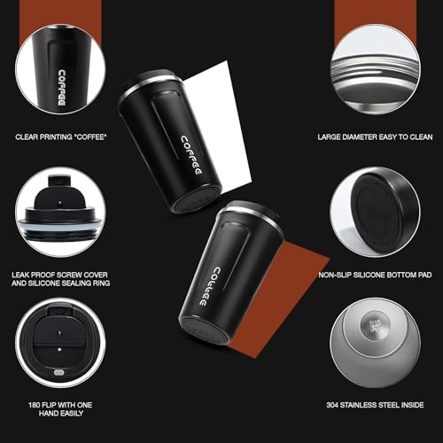 Lyrovo Insulated Travel Coffee Mug Spill Proof Leak Proof Pobtable to Go Camping Stainless Steel Coffee Tumbler Reusable Coffee Cups with Lids Thermos for Hot and Cold Drink (Black, 380ml) - Image 2