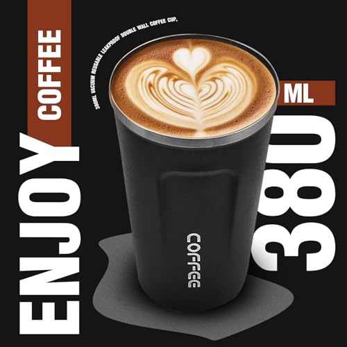 Lyrovo Insulated Travel Coffee Mug Spill Proof Leak Proof Pobtable to Go Camping Stainless Steel Coffee Tumbler Reusable Coffee Cups with Lids Thermos for Hot and Cold Drink (Black, 380ml) - Image 4