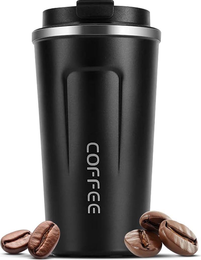 Lyrovo Insulated Travel Coffee Mug Spill Proof Leak Proof Pobtable to Go Camping Stainless Steel Coffee Tumbler Reusable Coffee Cups with Lids Thermos for Hot and Cold Drink (Black, 380ml) - Image 1