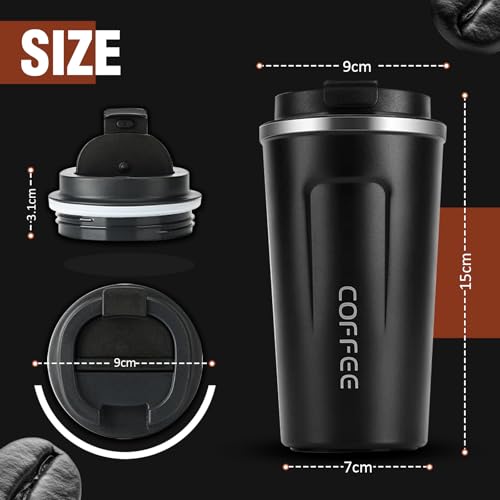 Lyrovo Insulated Travel Coffee Mug Spill Proof Leak Proof Pobtable to Go Camping Stainless Steel Coffee Tumbler Reusable Coffee Cups with Lids Thermos for Hot and Cold Drink (Black, 380ml) - Image 5