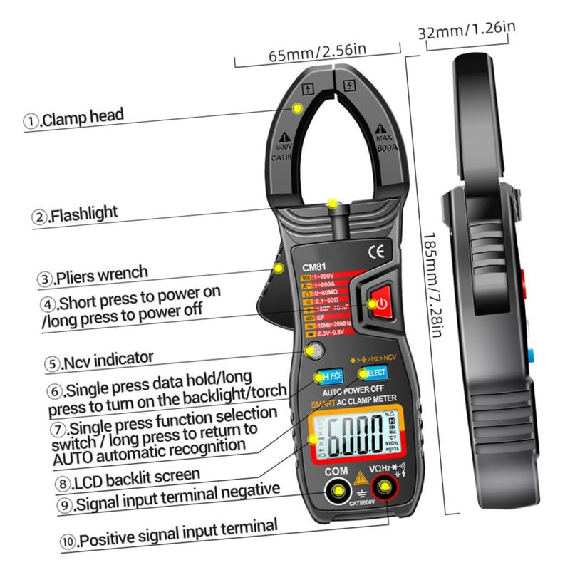 Digital Clamp Meter Auto-ranging Dc Ac Current Tester Voltage Meter with LCD Display for Electrical Testing and Appliance Repair, Black, Battery Not Included - Image 4