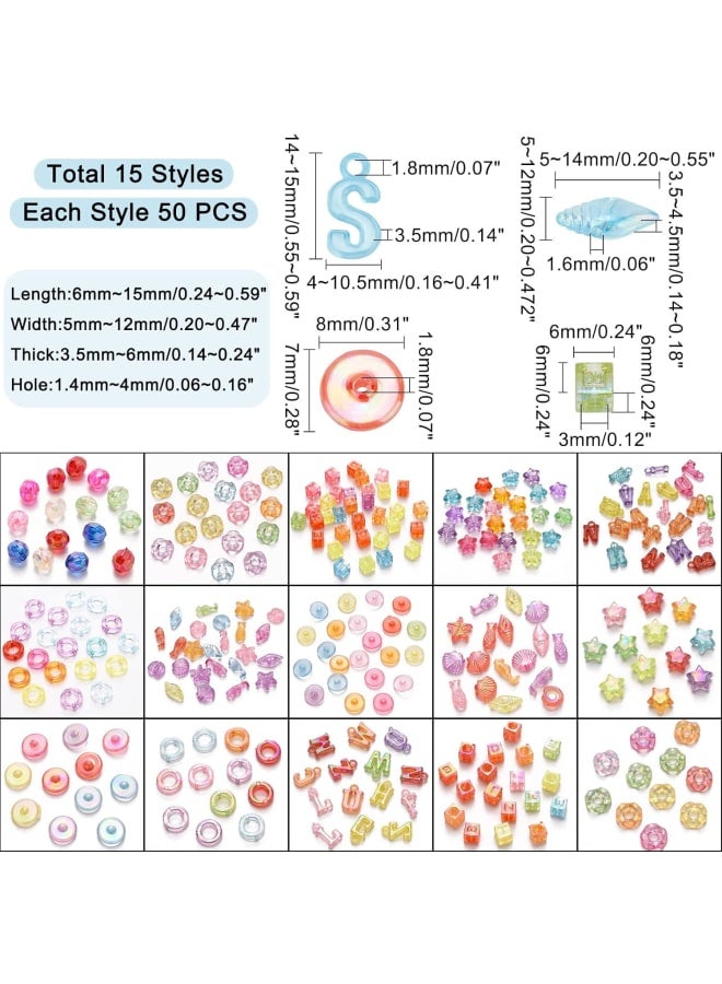 15 Styles Transparent Acrylic Beads, 750pcs Letters Marine Star Flat Round Wave Disc Beads Faceted Loose Spacers Charms Pendant for Bracelet Necklace Jewelry Making Decorations - Image 5