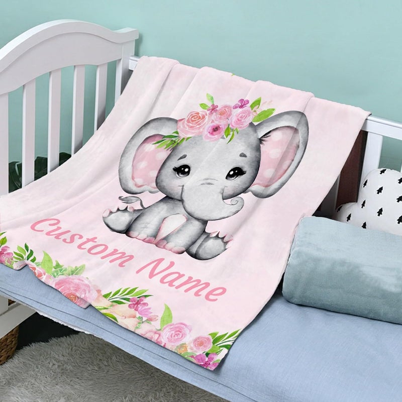 Ottoy Personalized Elephant Baby Blanket with Name Custom Elephant Blanket Gifts for Girls Boy, Super Soft Blankets for Toddler Bed Nursery Decor 40"x30" (Toddler) - Image 2