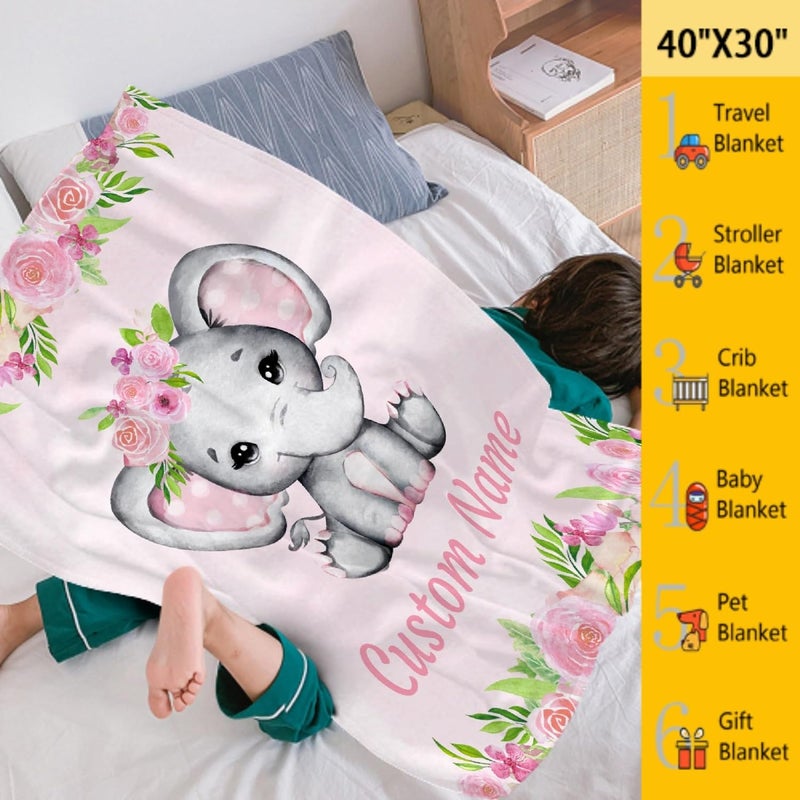 Ottoy Personalized Elephant Baby Blanket with Name Custom Elephant Blanket Gifts for Girls Boy, Super Soft Blankets for Toddler Bed Nursery Decor 40"x30" (Toddler) - Image 4