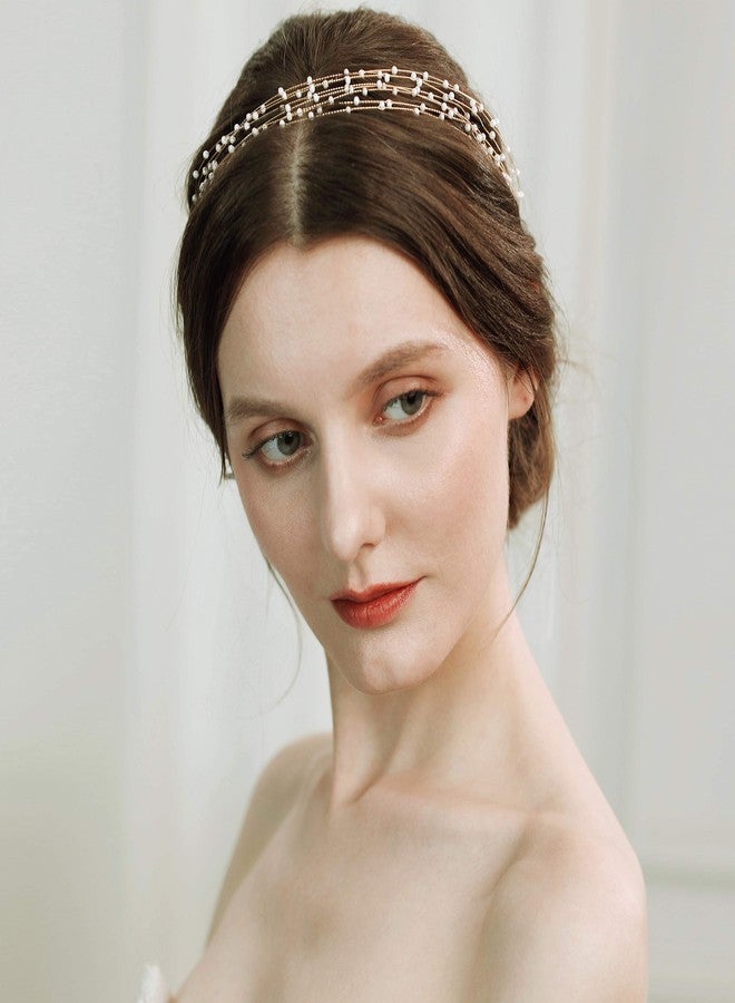 CHIROGRAPHY 1 pcs Premium Bridal Headpiece Wedding Headband - Pearl Vintage Wedding Hair Bands for Brides with Lace Ribbon (White Beads) - Image 4