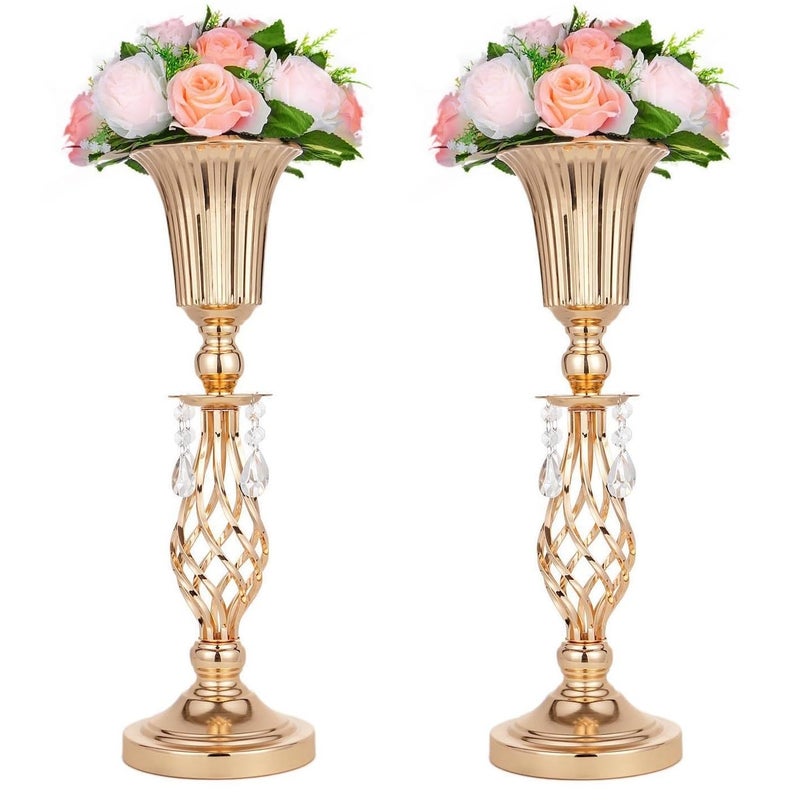 2 Pcs Beaded Crystal Gold Trumpet Vase Elegant Metal Floral Centerpiece Perfect for Wedding Banquets Birthdays Anniversaries Holiday Parties and Other Important Event Centerpieces202