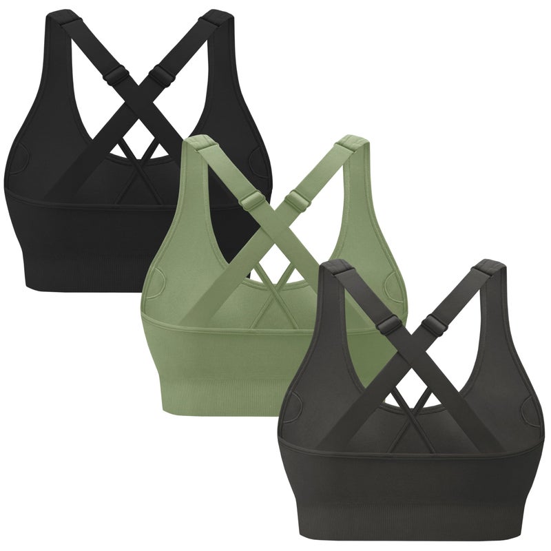 MIRITY 3-Pack Criss-Cross Strappy Sports Bras for Women - Padded High Impact Seamless Yoga Exercise Athletic Bra - Image 1