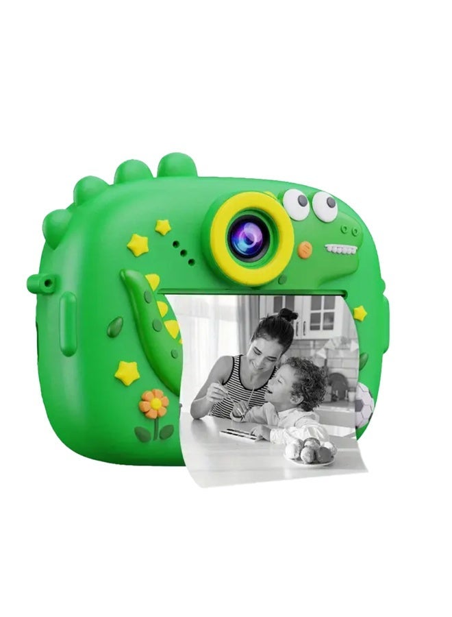 A cute dinosaur-shaped instant printing camera with a dual-lens camera and 1080p high resolution. It prints instantly, comes with 3 rolls of printing paper, 6 colored pens, supports a memory card, and has a rechargeable battery. An ideal gift for boys and girls. - Image 1
