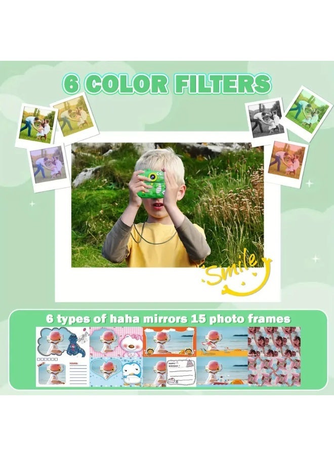 A cute dinosaur-shaped instant printing camera with a dual-lens camera and 1080p high resolution. It prints instantly, comes with 3 rolls of printing paper, 6 colored pens, supports a memory card, and has a rechargeable battery. An ideal gift for boys and girls. - Image 2