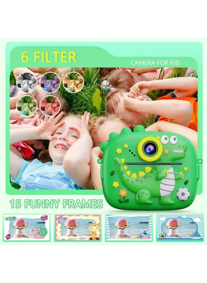 A cute dinosaur-shaped instant printing camera with a dual-lens camera and 1080p high resolution. It prints instantly, comes with 3 rolls of printing paper, 6 colored pens, supports a memory card, and has a rechargeable battery. An ideal gift for boys and girls. - Image 3