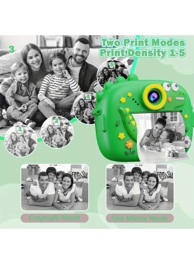 A cute dinosaur-shaped instant printing camera with a dual-lens camera and 1080p high resolution. It prints instantly, comes with 3 rolls of printing paper, 6 colored pens, supports a memory card, and has a rechargeable battery. An ideal gift for boys and girls. - Image 5