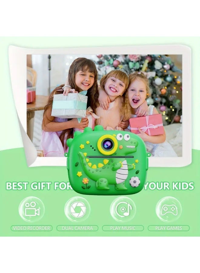 A cute dinosaur-shaped instant printing camera with a dual-lens camera and 1080p high resolution. It prints instantly, comes with 3 rolls of printing paper, 6 colored pens, supports a memory card, and has a rechargeable battery. An ideal gift for boys and girls. - Image 4