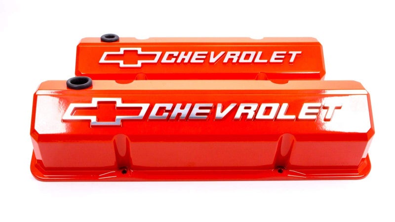 ProForm Valve Cover, Slant-Edge, Tall, Baffled, Breather Hole, Raised Chevrolet Bowtie Logo, Aluminum, Orange, Small Block Chevy, Pair - Image 3