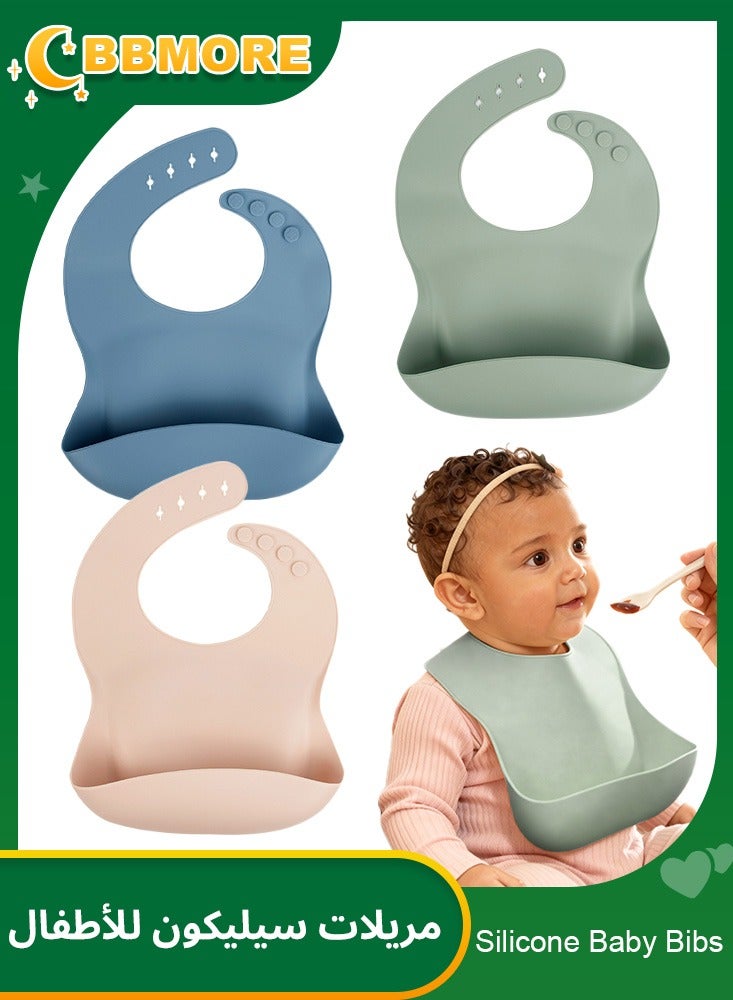 BBMORE 3-Pack Soft Silicone Baby Bibs for Infants & Toddlers – Waterproof, Stain-Resistant with Food Catcher Pocket, Adjustable Strap, Dishwasher Safe – Ideal for Ages 10 Months to 6 Years - Image 1