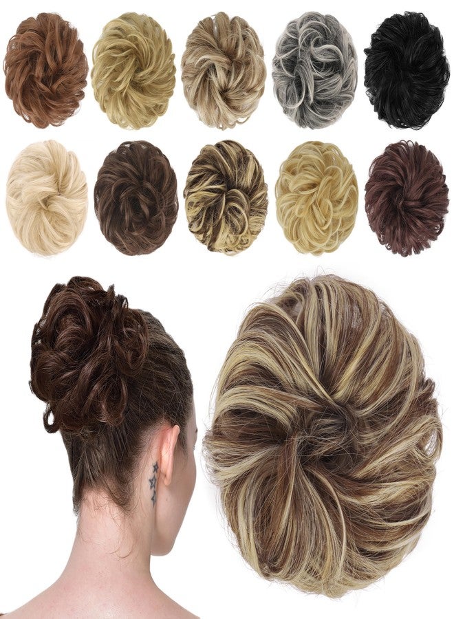 FESHFEN Hairpiece with Elastic Band, Bun Hairpiece, Scrunchie with Hair, Curly Hair Bun Synthetic Hair Extensions, Ponytail Hairpieces for Women Girls, Copper Brown & Beige Blonde, 42 g - Image 1