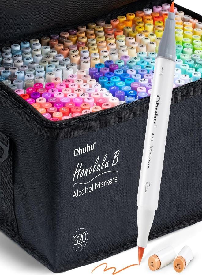 Ohuhu Refillable 320 Colors Alcohol Markers Brush Tip- Double Tipped Alcohol-based Art Sketch Marker Set for Artist Adults Coloring Illustration - Honolulu B of Ohuhu Markers -Brush & Fine Dual Tips - Image 1