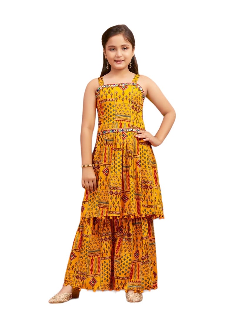 aarikka Aarika Girls Ethnic Wear Yellow Colour Printed Mirror Lace Polyester Kurti Sharara Set (10-15 Years) - Image 1