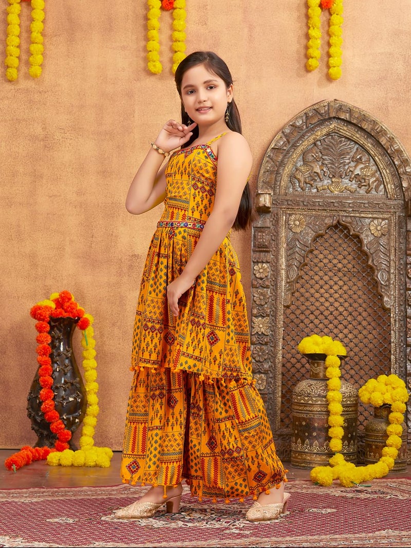 aarikka Aarika Girls Ethnic Wear Yellow Colour Printed Mirror Lace Polyester Kurti Sharara Set (10-15 Years) - Image 3