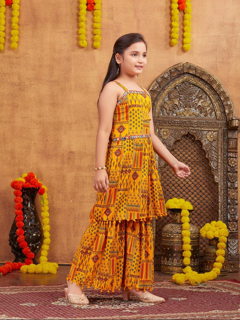 aarikka Aarika Girls Ethnic Wear Yellow Colour Printed Mirror Lace Polyester Kurti Sharara Set (10-15 Years) - Image 2