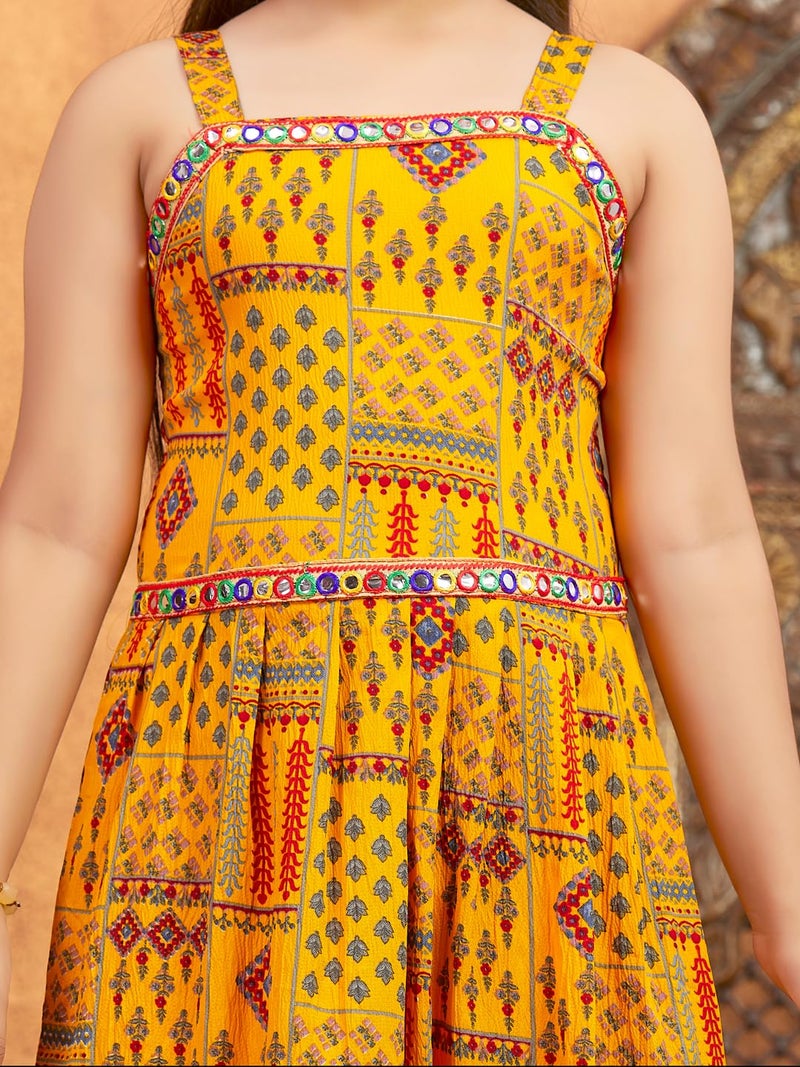 aarikka Aarika Girls Ethnic Wear Yellow Colour Printed Mirror Lace Polyester Kurti Sharara Set (10-15 Years) - Image 5