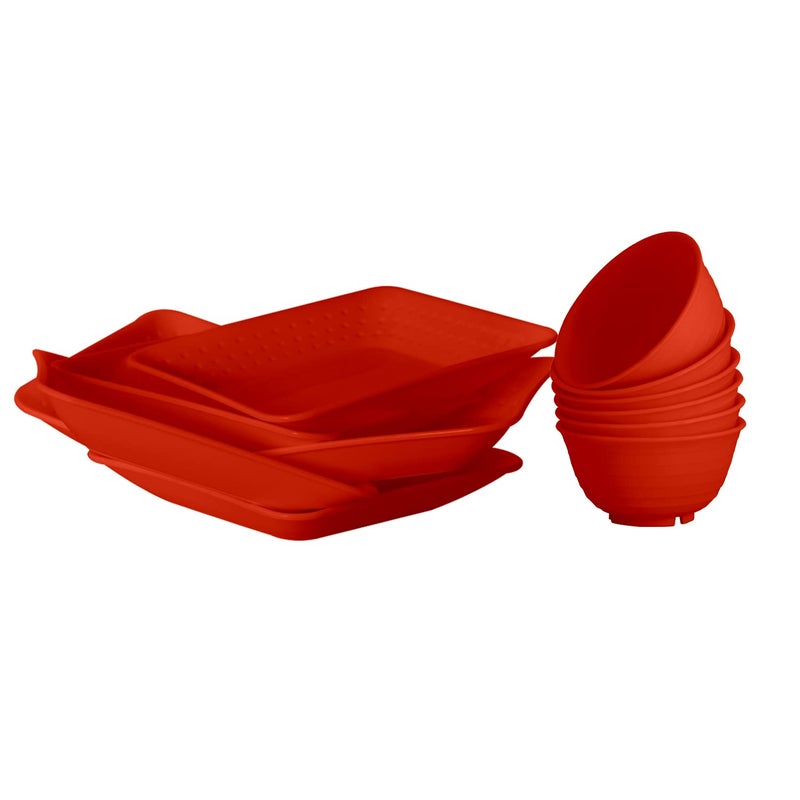 SAURA 6 Big Square Plate 6 Bowl DINNERWARE Combo Set Red - Image 1