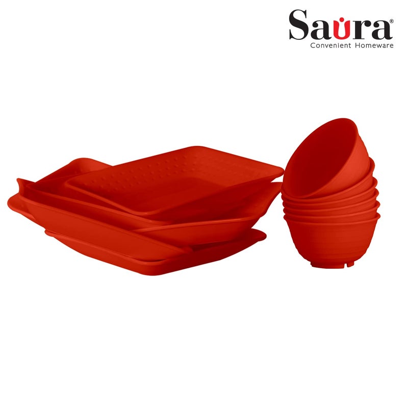 SAURA 6 Big Square Plate 6 Bowl DINNERWARE Combo Set Red - Image 2