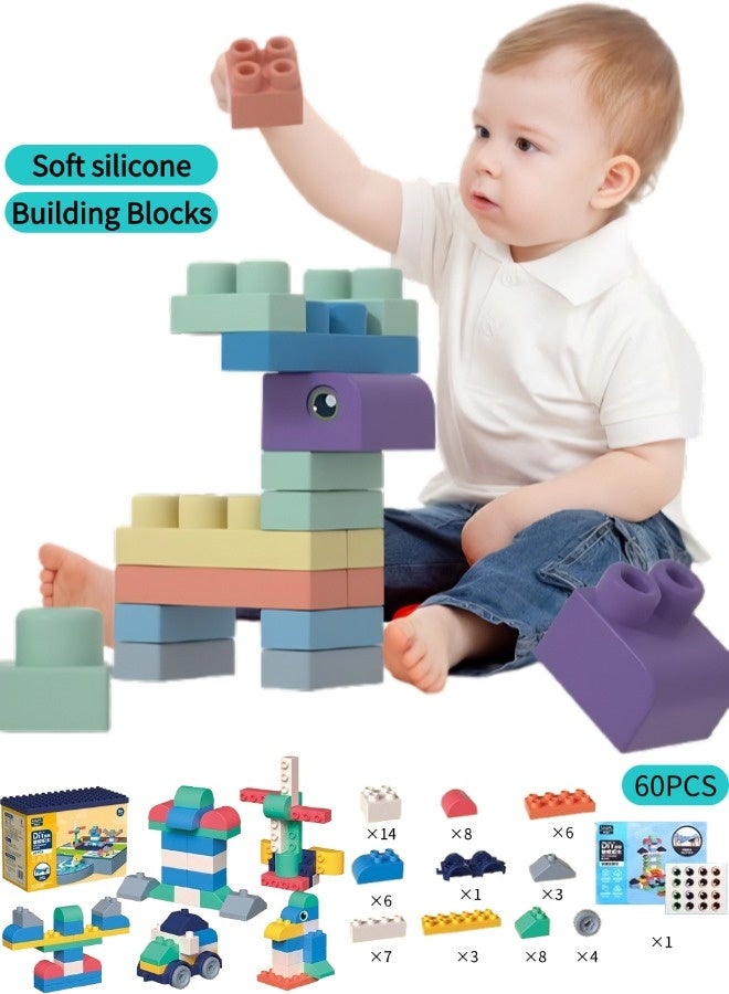 جني ثروة 60 قطعة بناء من المطاط الناعم، مع صندوق تخزين، لعبة تعليمية للأطفال الصغار، لعبة للتسنين، لعبة بناء كبيرة ناعمة. لعبة مكعبات، قطع بناء حسية للتعليم قبل المدرسي، قابلة للغلي للتعقيم، مناسبة للمضغ، لعبة تعليمية مبكرة من مونتيسوري، هدية مثالية لطفلك. - Image 1