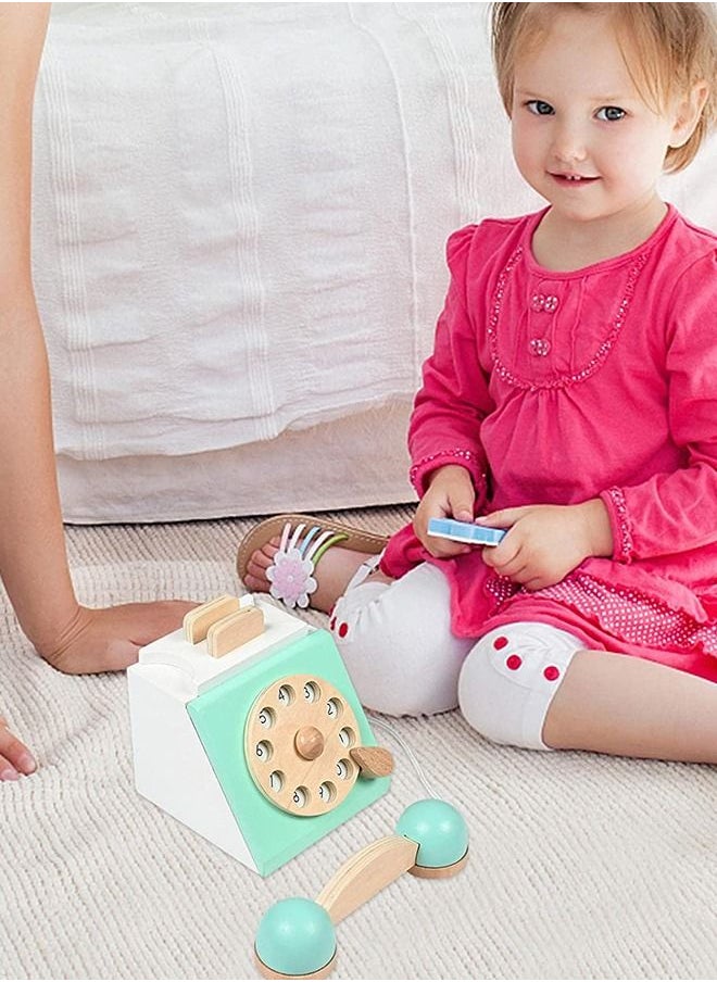 BAYBEE Pretend Play Wooden Landline Phone Toy For Kids, Antique Dial Phone Toy For Toddlers, Role Play Rotary Dial Phone Toy, Montessori Early Education Wooden Toys For Kids 2+ Years (Green)  - Image 2