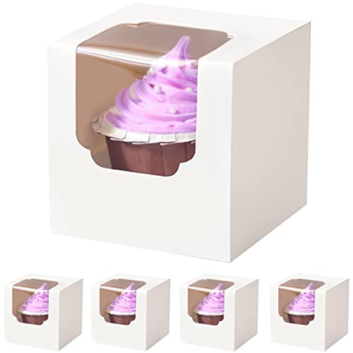 Shallive 60 Pcs Cupcake Boxes Individual White with Insert, Auto Popup Single Cupcake Containers Hot Cocoa Bomb Boxes with Window forTreats Chocolate Strawberries Cookies Gifting - Image 1