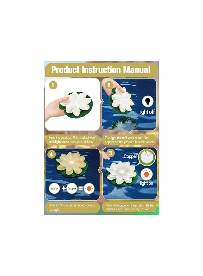 Green Tiger 12 Pcs Floating Pool Lights - LED Lotus Lanterns, Battery Operated Lily Pad Flower Candle, Fun Pool Accessories for Pond Decor, Yellow Light (White, 5.91 Inch) - Image 3
