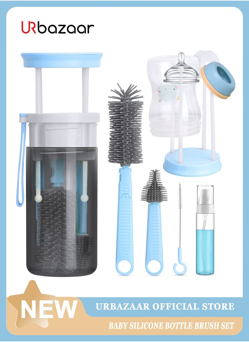 URbazaar Essential Baby Travel Bottle Cleaning Kit with Silicone Bottle Brush, Built-in Drying Rack, Silicone Nipple Brush, 2 Straw Brushes, Bottle Soap Dispenser, Bottle Warmer  - Image 1