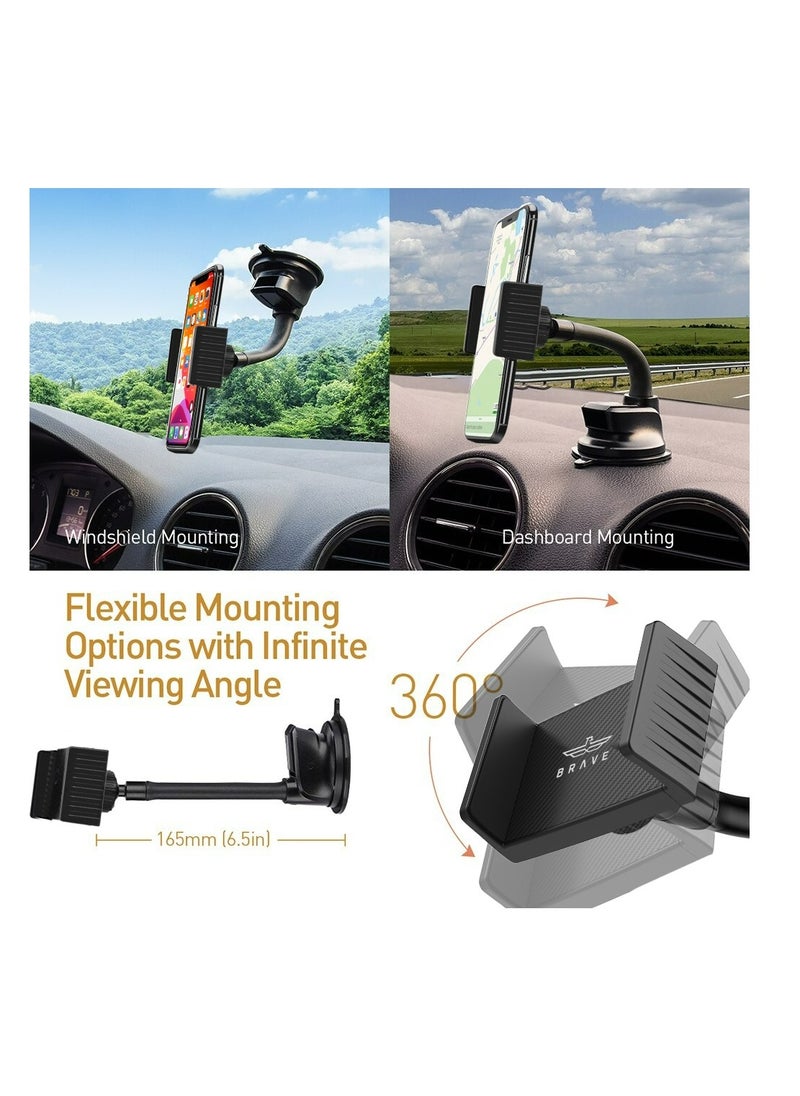 Brave - Car Phone Holder Car Holder Mobile Universal 360 Mobile Stand for Car Dashboard Windshield Compatible for 4.7" to 7" iPhone 15/14/13 series Samsung Galaxy S24 Series and Many More - Image 1