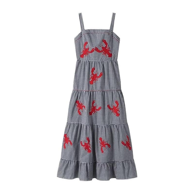 XPONNI Gingham Dress Lobster Summer Maxi Dresses for Women 2024 Shrimp Long Dress Flowy Ruffle Linen Sun Dress (Black,M,Medium) - Image 4