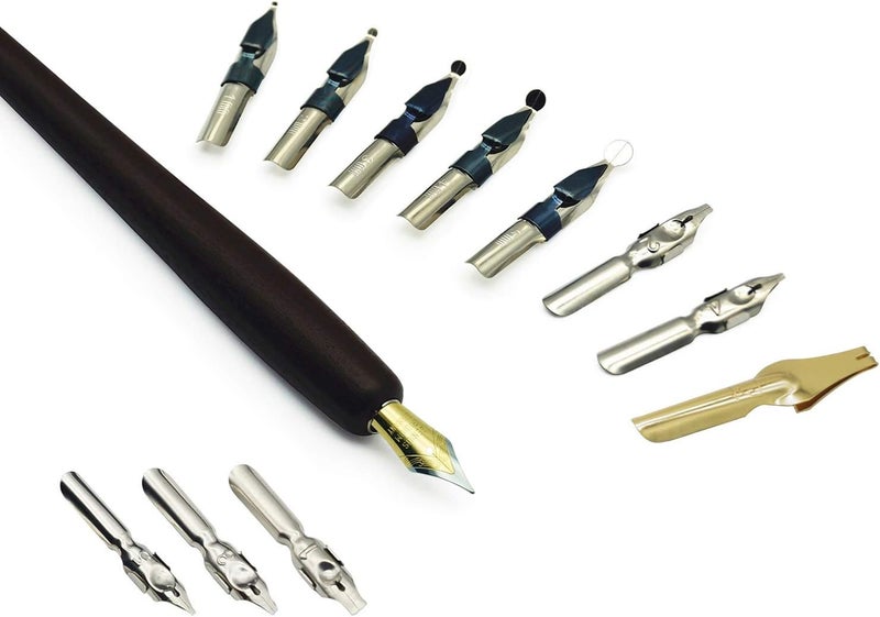 plotube Calligraphy Pen Set – Includes Wooden Dip Pen, Antique Brass Holder, 11 Nibs, 7 Colors Ink Bottles and Beginner's Manual - Image 5