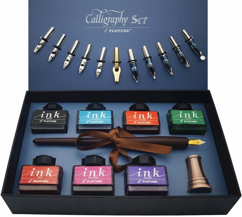 plotube Calligraphy Pen Set – Includes Wooden Dip Pen, Antique Brass Holder, 11 Nibs, 7 Colors Ink Bottles and Beginner's Manual - Image 1