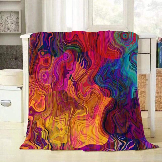 COLORFUL CHAOTIC WAVES THROW BLANKET PURPLE FUCHSIA PINK RED ORANGE GOLD BLUE RAINBOW PATTERN DECORATIVE SOFT WARM COZY FLANNEL PLUSH THROWS BLANKETS FOR BEDDING SOFA COUCH 50 X 60 INCH