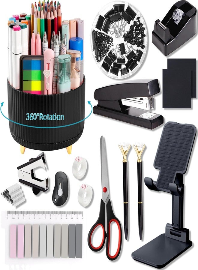 suniya Office Supplies,Desk Accessories,with Stapler,Tape Dispenser,Staple Remover,Scissor,Ballpoint Pen,Sticky Notes,Clear Tape,Staples,Desk Organizer,Phone Stand,Binder,Index Tabs,Best gift set(Black) - Image 1