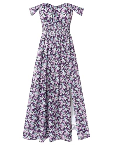 GRACE KARIN Summer Floral Dress for Women 2026,Off the Shoulder Smocked Bridesmaid Dresses,Formal Baby Shower Maxi Dresses Purple Flower S - Image 1