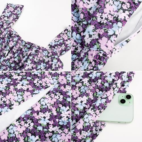 GRACE KARIN Summer Floral Dress for Women 2026,Off the Shoulder Smocked Bridesmaid Dresses,Formal Baby Shower Maxi Dresses Purple Flower S - Image 5