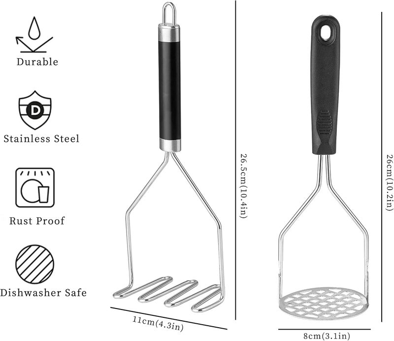 OLULU 2PCS Potato Masher, Heavy Duty Stainless Steel Mashed Potatoes Masher, Masher Kitchen Tool for Avocado, Potatoes, Beans, Meat, Vegetables, 10.24inch, Dishwasher Safe - Image 2