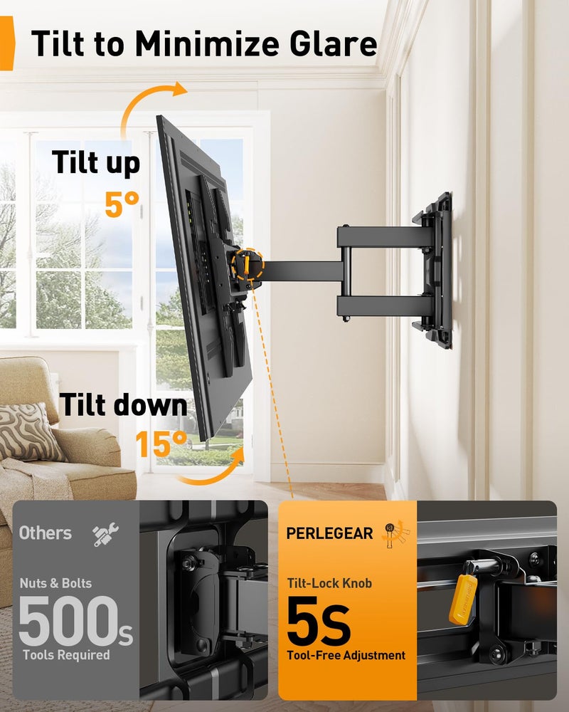 Perlegear Full Motion TV Wall Mount for 26-74 inch TVs, Height Adjustable TV Mount, Pre-Assembled Wall Mount TV Bracket with Tool-Free Tilt, Swivel, Fits 16â€ Studs, 99 lbs, Max VESA 400x400mm, PGMF21 - Image 5