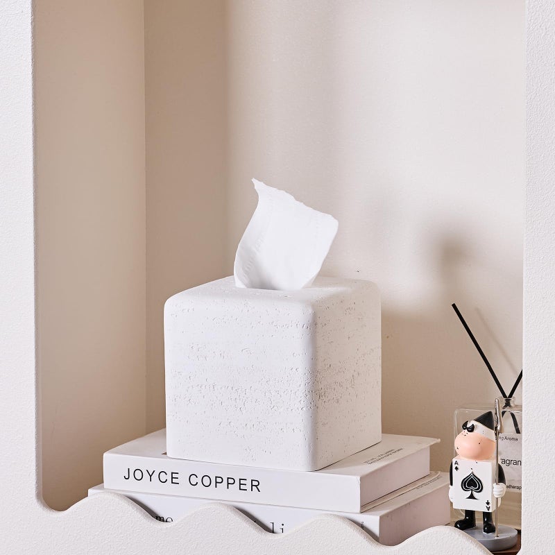 Polytree White Natural Travertine Textures Square Tissue Box Cover Holder, Resin Tissue Box Holder Decorative for Bathroom, Vanity, Kitchen Countertop, Bedroom Night Stands, Office Desk Top - Image 3