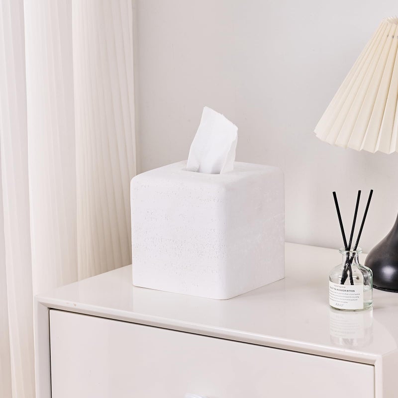 Polytree White Natural Travertine Textures Square Tissue Box Cover Holder, Resin Tissue Box Holder Decorative for Bathroom, Vanity, Kitchen Countertop, Bedroom Night Stands, Office Desk Top - Image 4