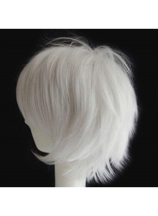 Cosplay Wig Short Unisex Anime Wig Fluffy Hair Wig Japanese Anime Wig Comic Hairstyles With Layered Bang For Halloween Cosplay Party Costume Full Synthetic Wigs (White)