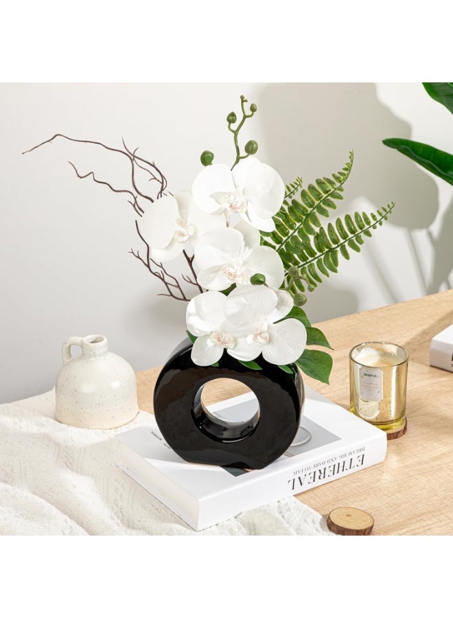 LATIFA Orchid Fake Flowers White Artificial Orchid Silk Flowers in Black Pot - Image 1