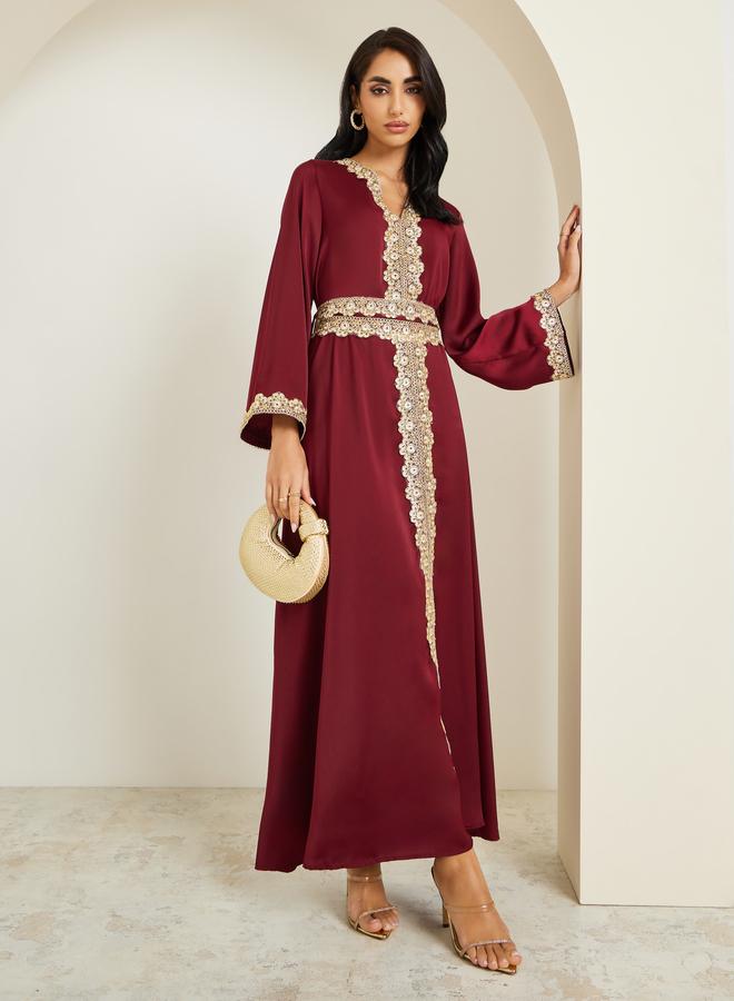 Amirah Women Burgundy Gold Embroidery Kaftan - Image 1