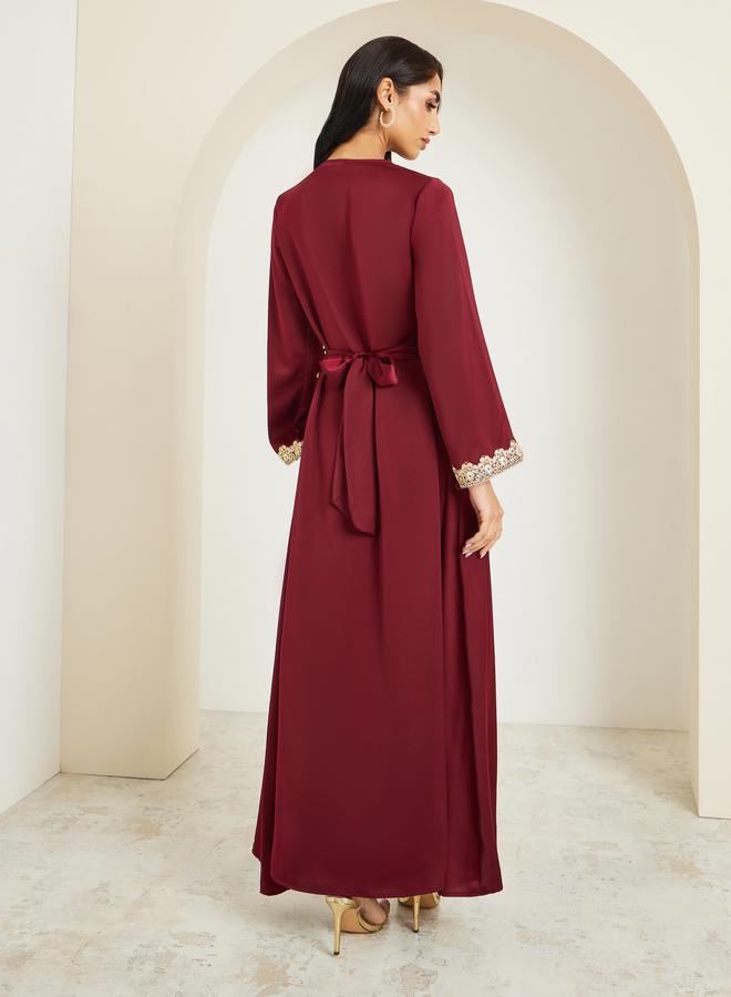 Amirah Women Burgundy Gold Embroidery Kaftan - Image 5
