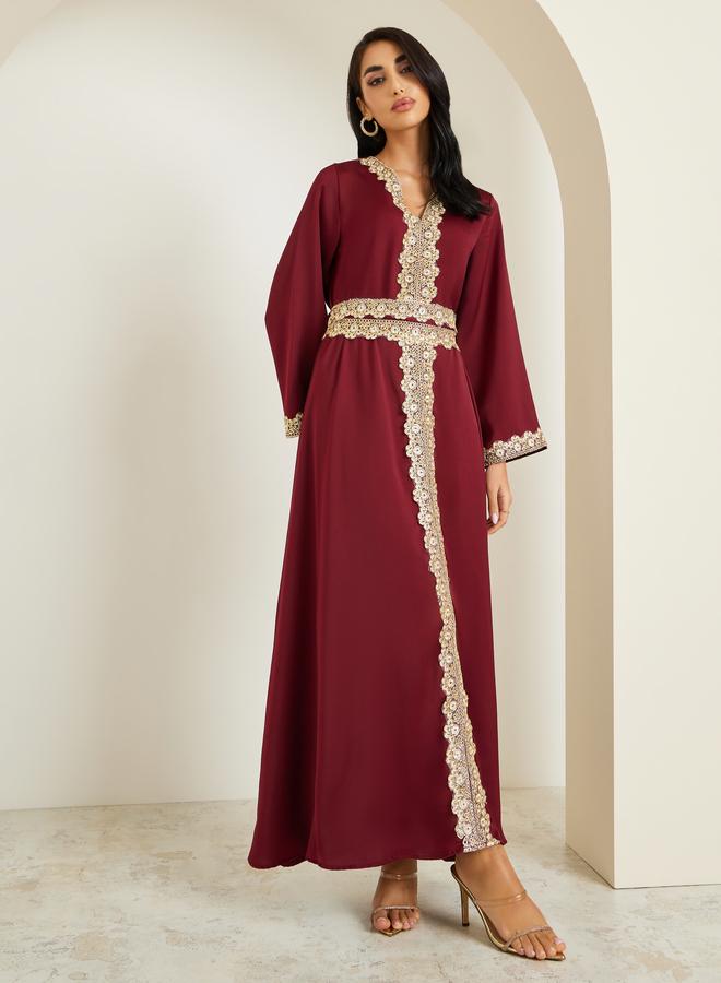 Amirah Women Burgundy Gold Embroidery Kaftan - Image 3