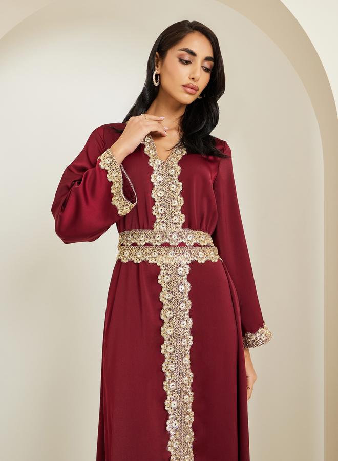 Amirah Women Burgundy Gold Embroidery Kaftan - Image 2